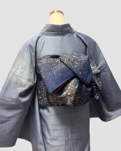 つくり帯【和の羽】シルクデニム半巾帯～宇宙-sora-文様～〈蒼/満天