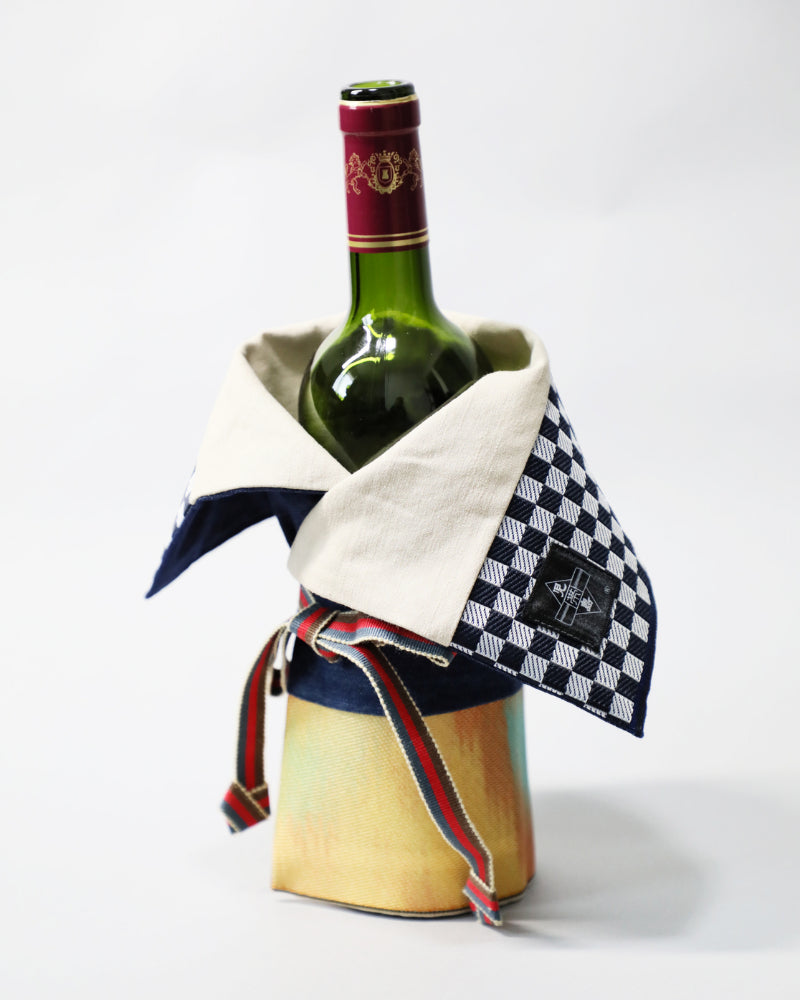 着物 | kimono | 帯 | obi | 児島帯 | kojimaobi | ワインカバー | ワインボトルカバー | 岡山デニム | たたみべり | 真田ひも | 市松 | denim | デニム | リバーシブル | ボトルカバー