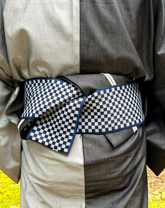 シルクデニム | 角帯 | 男性用帯 | 市松柄 | 市松文様 | 畳べり | 児島帯 | kojimaobi | 着物 | kimono